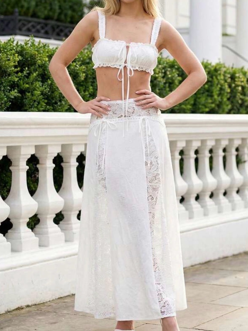 White Lace Two Piece Set Maxi Skirt and Bandeau Top